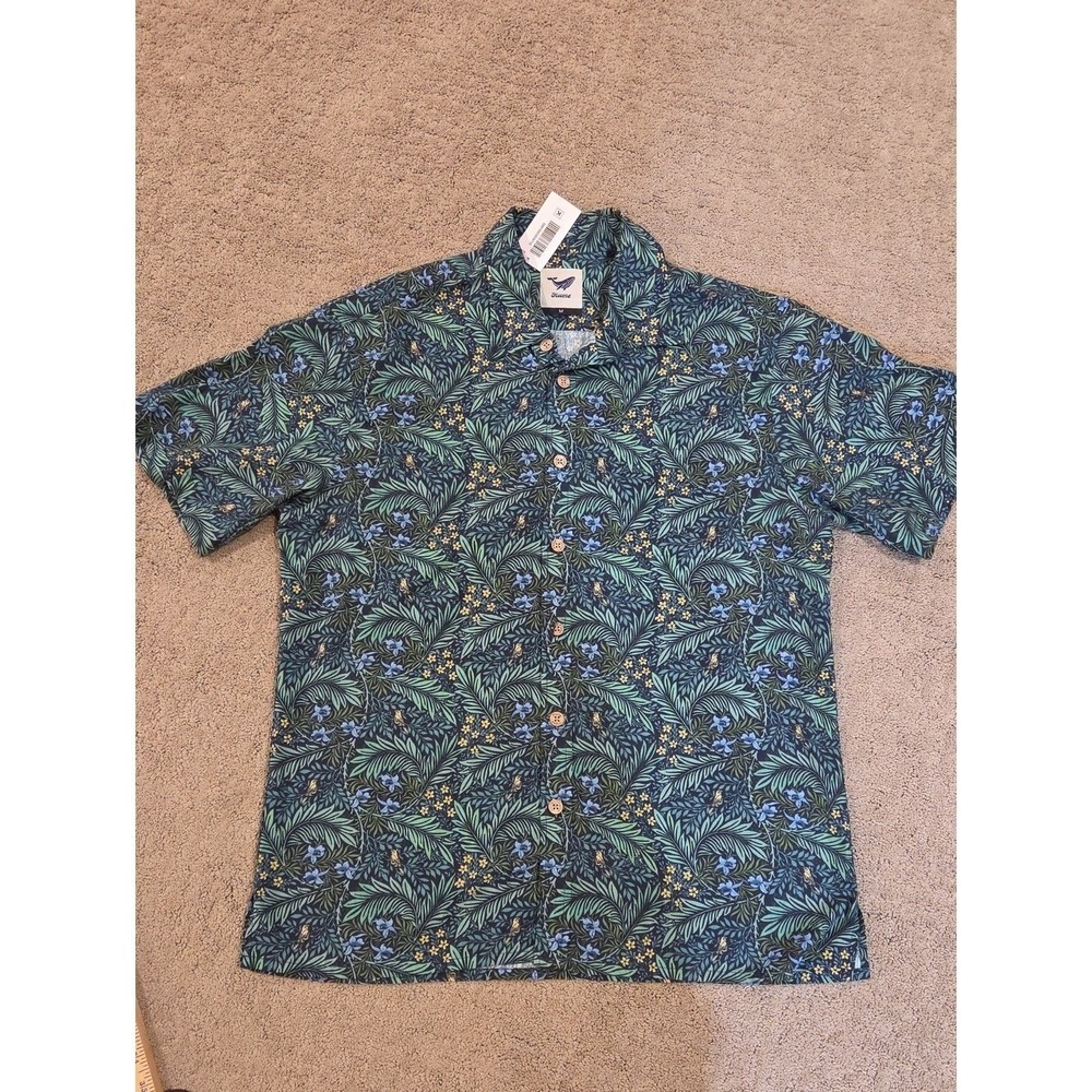 Yiume Button Down Shirt Mens Medium Teal Blue Floral Tropical 100% Cottonl